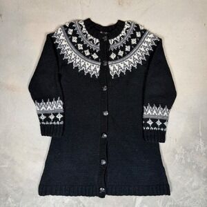 Newari Icelandic Design Wool Hand Knit Fair Isle Cardigan Sweater Womens S Black